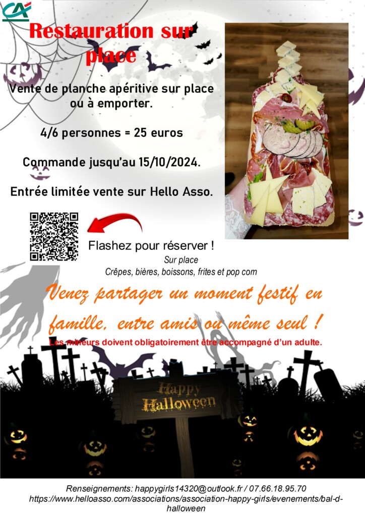 Annonce de restauration et vente de planches apéritives pour un événement Halloween à Feuguerolles-Bully.