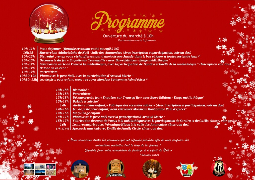 Programme d'activités pour le marché de Noël à Feuguerolles-Bully, incluant animations, ateliers et spectacles.