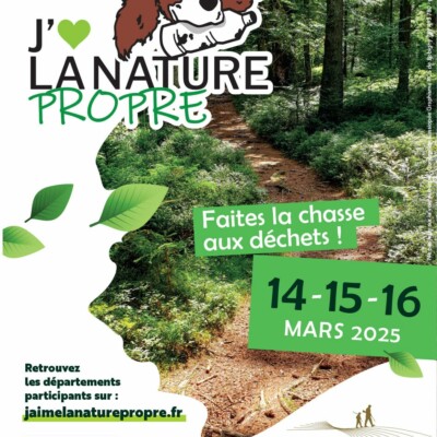 Affiche de l'événement "J'aime la nature propre" sur la lutte contre les déchets, mars 2025, avec un chien dans un paysage forestier.